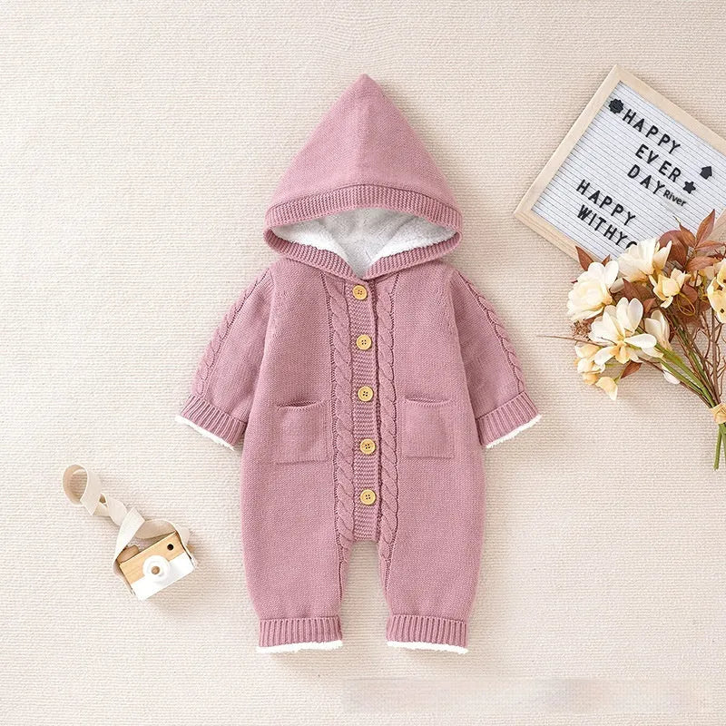 Baby winter thickened knitting jumpsuit romper in pink, long climbing style, size 62cm to 86cm