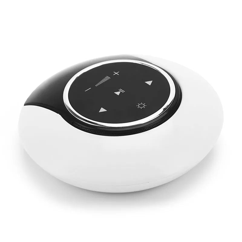 Blue and white Bluetooth speaker desk lamp with touch controls and foldable arms on wooden desk