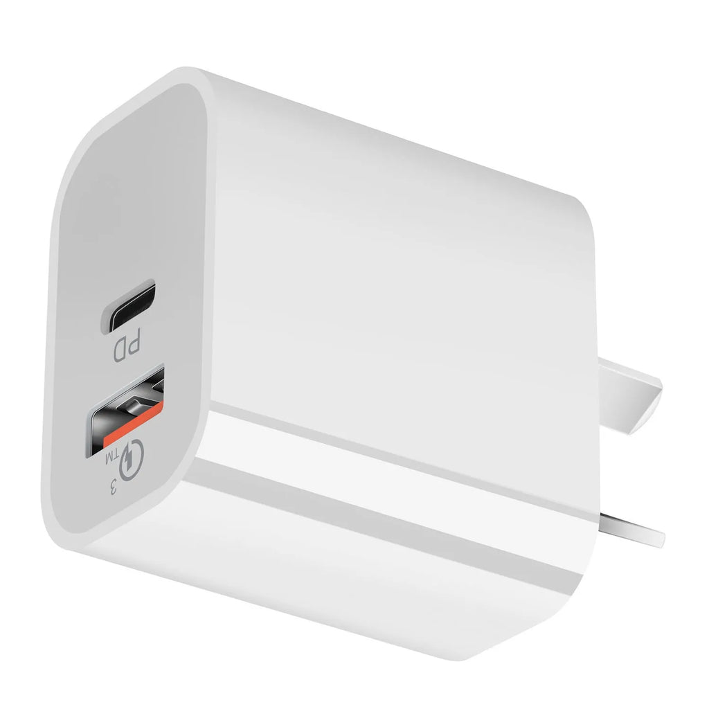 White Australian dual port USB charger with SAA certification label