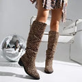 Brown leopard print women's boots with a square toe and chunky mid-height heel.