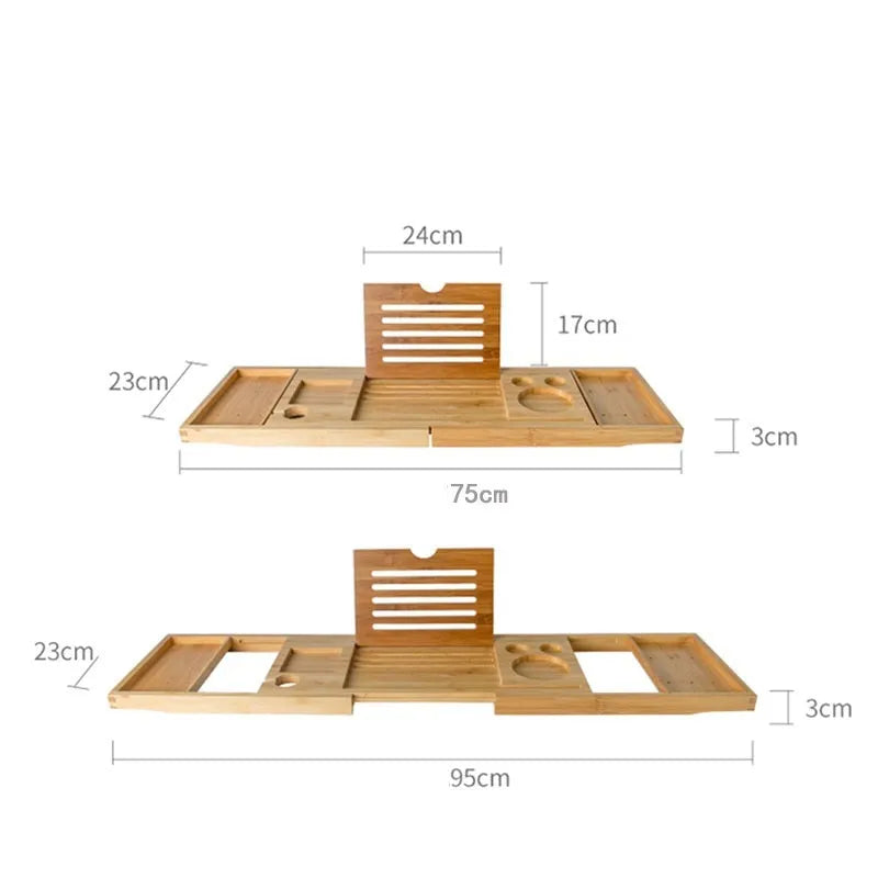 Bamboo bathtub storage rack retractable bathroom bath pallet rack with European natural finish