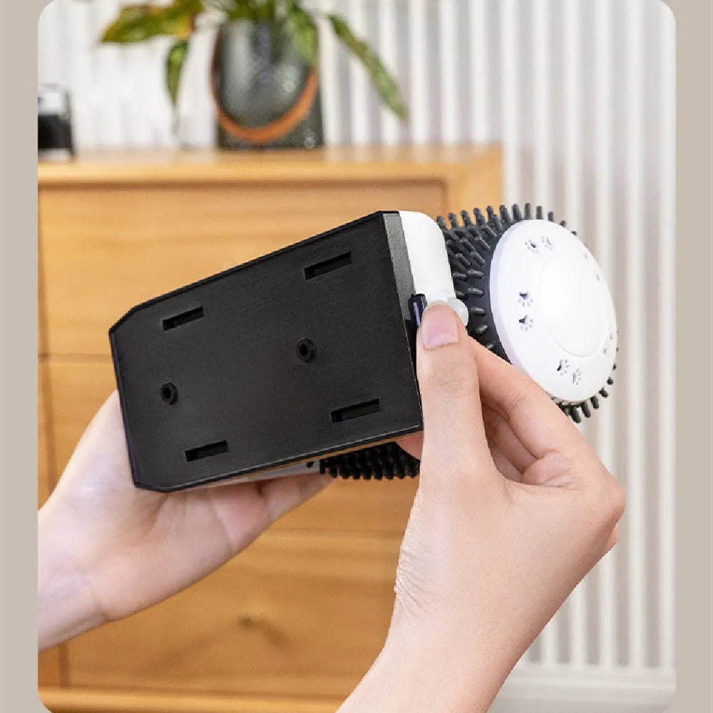 White automatic cat self-grooming brush mounted on a wall corner with soft silica gel bristles.