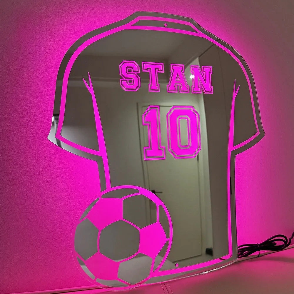 Acrylic wall mirror lamp with integrated LED light, Jersey 23 or 28 style, three size options