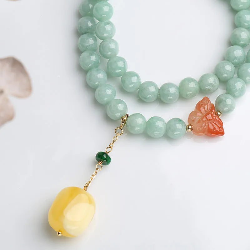 Double-layer jade and beeswax retro bracelet with geometric bead arrangement