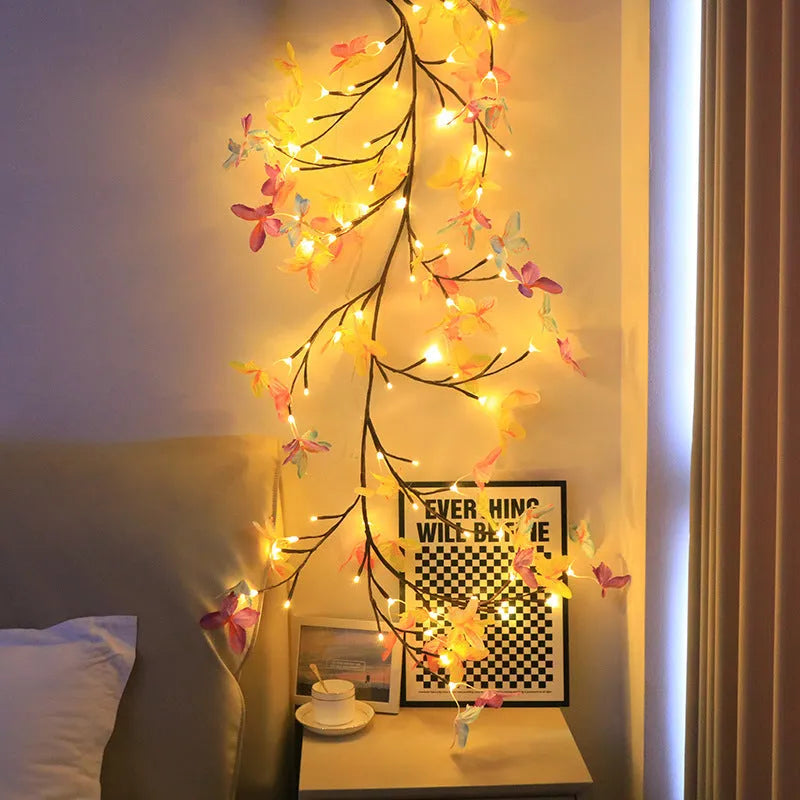 LED butterfly tree rattan lamp with flexible branches and colourised butterfly decorations