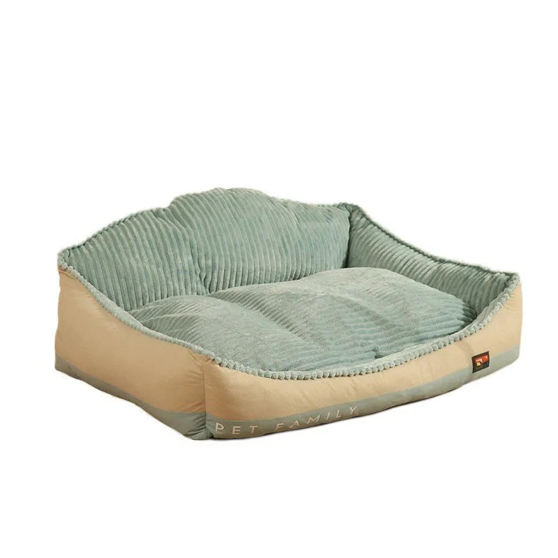 Morandi-coloured sofa-style dog mat with a removable cover, shown in two sizes for small and large pets.