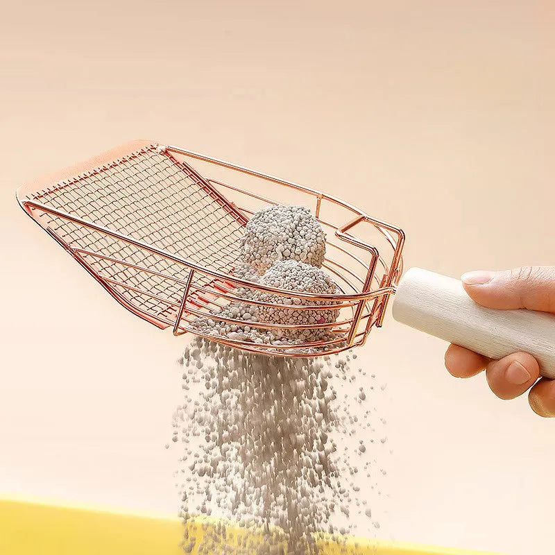 Stainless steel cat litter scoop with wooden handle in one of three available designs
