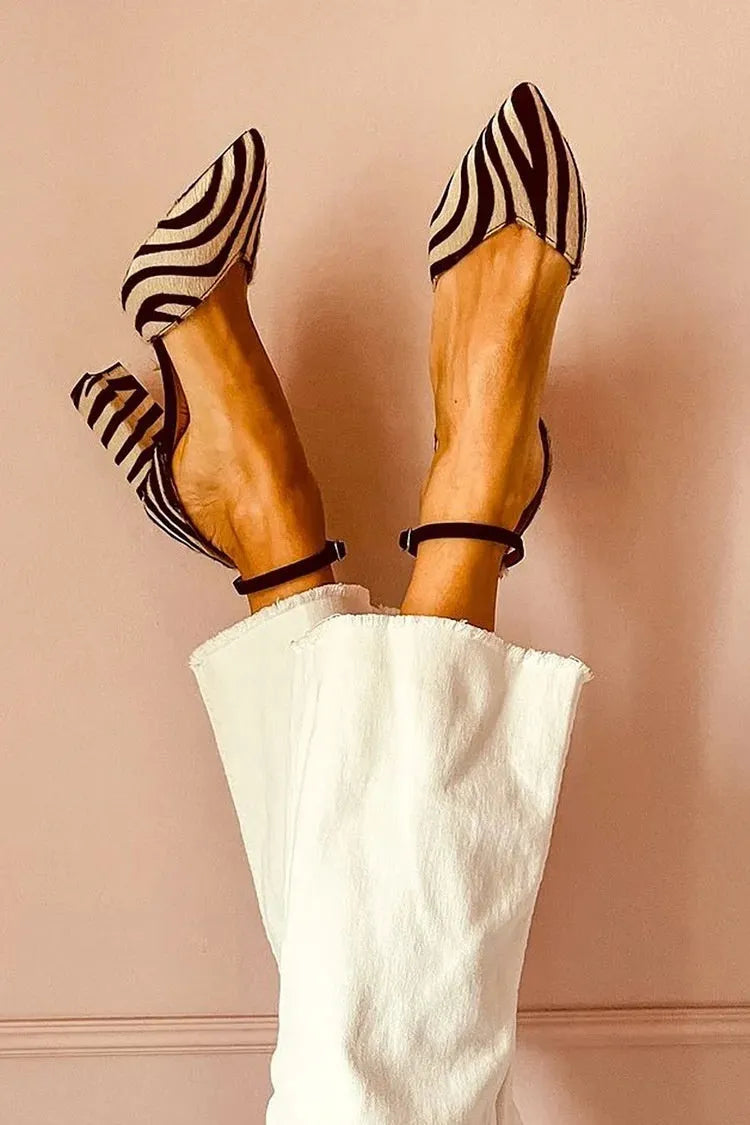 Women's zebra print pointed toe high heel sandals with suede upper and 6-8cm heel