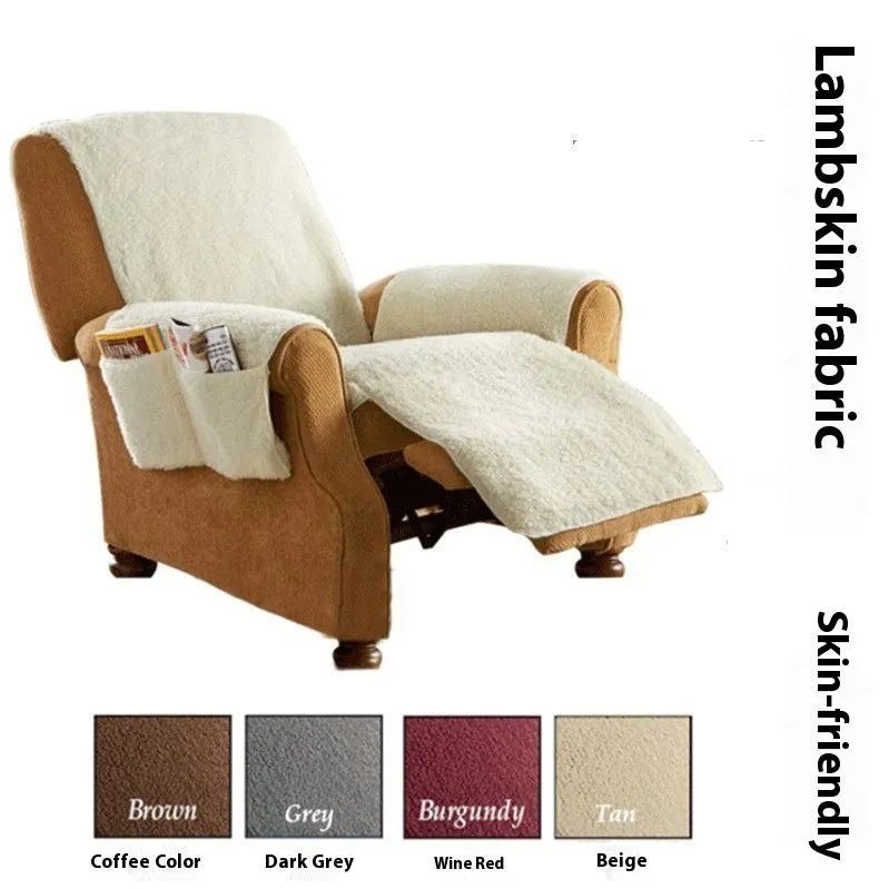 Polyester sofa cushion slipcover in lambswool beige colour on a sofa seat.