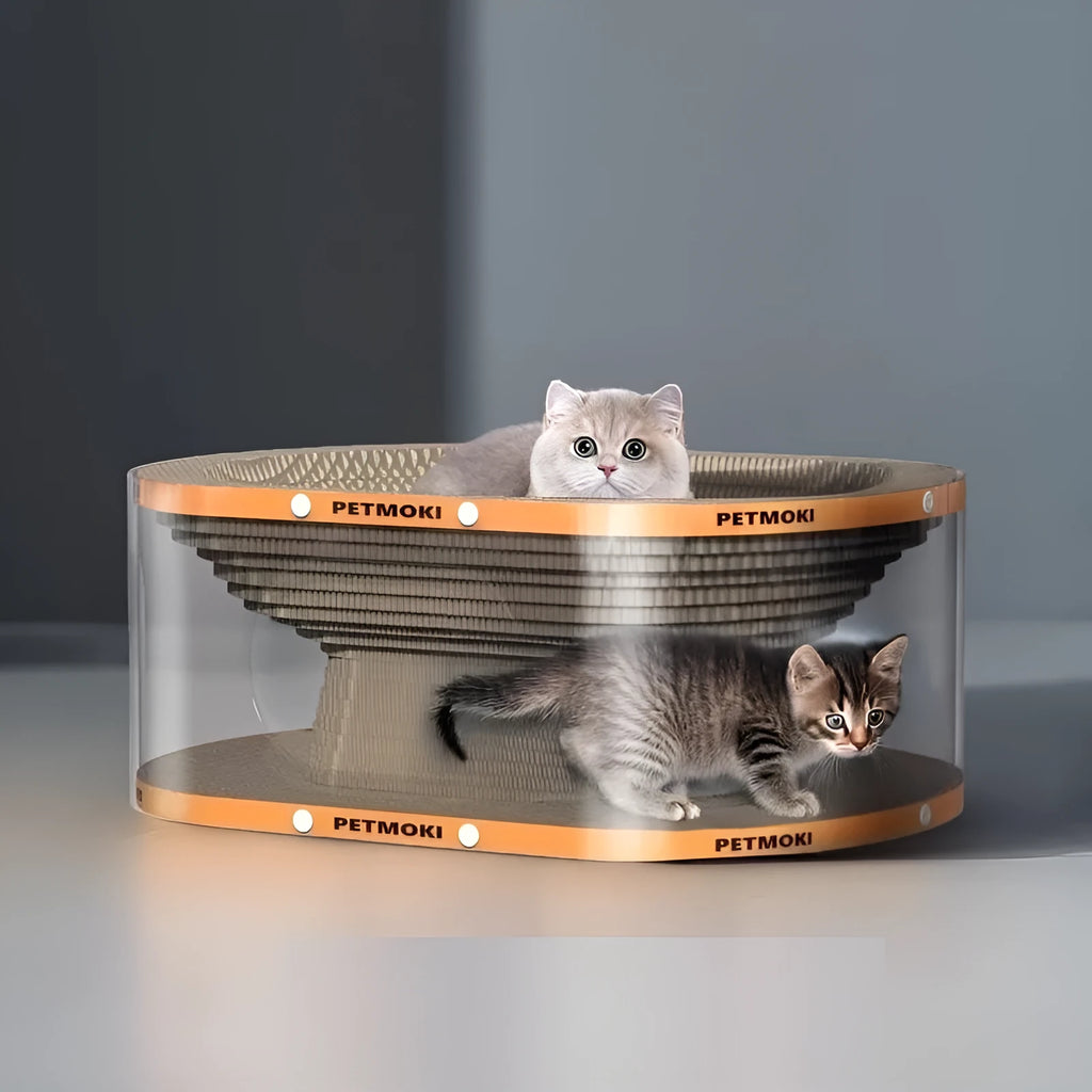 Transparent white diamond-shaped PVC cat nest with built-in corrugated cardboard scratching surface