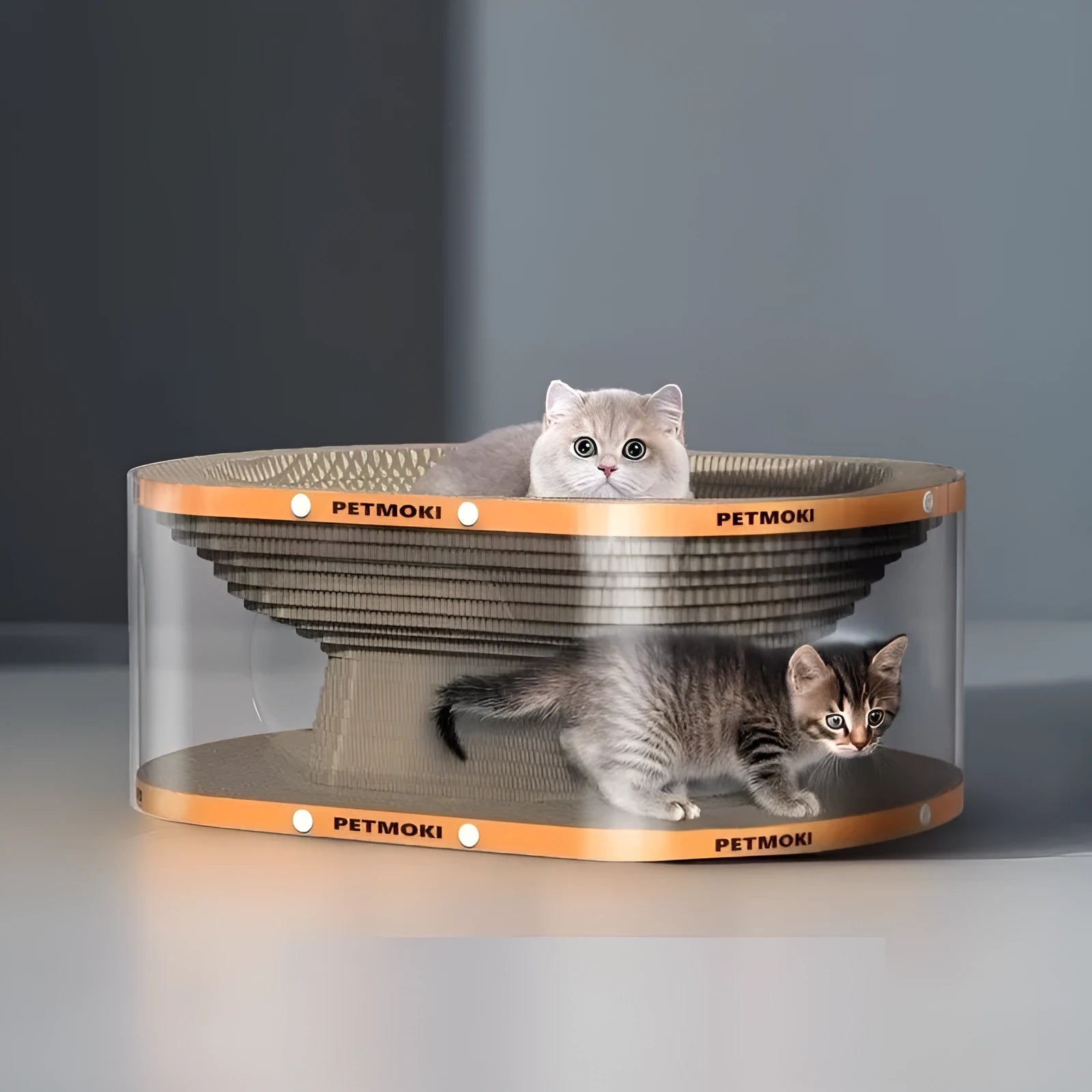 Transparent white diamond-shaped PVC cat nest with built-in corrugated cardboard scratching surface