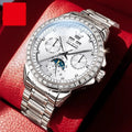 Men's automatic mechanical watch with diamond bezel and stainless steel strap on wrist.