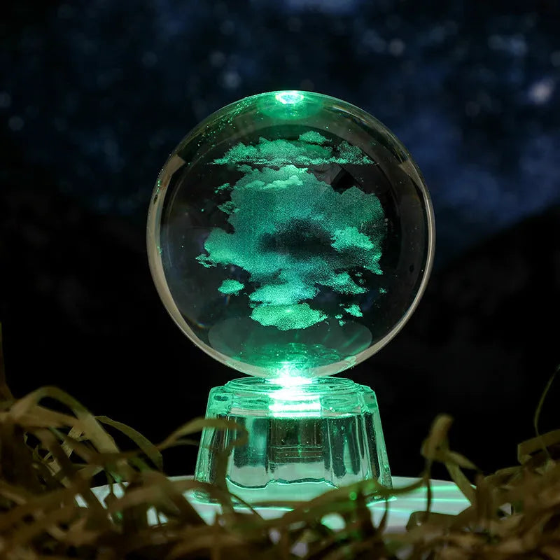 Transparent white crystal ball ornament with inner carving on a fixed base.