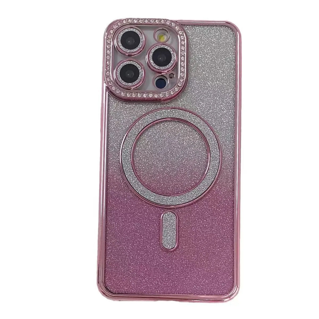 Rhinestone glitter magnetic phone case for Apple iPhone in black, pink, silver, blue, gold, and purple.