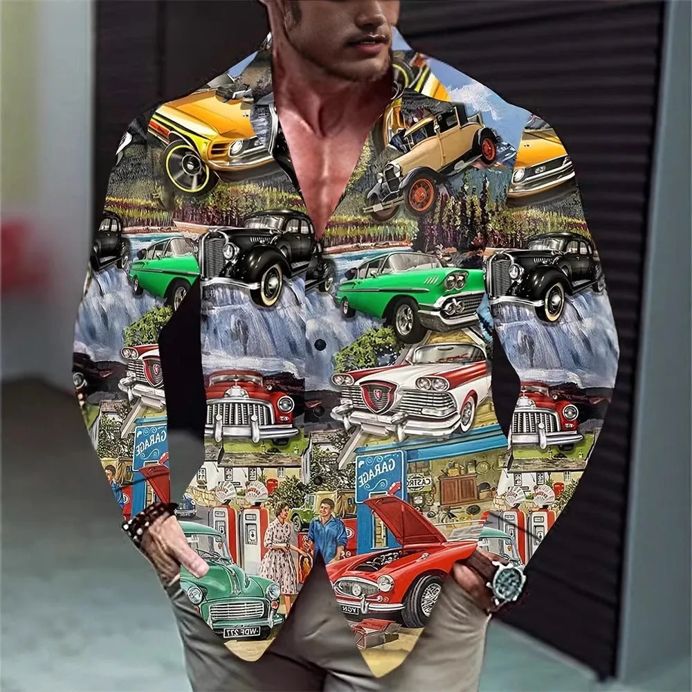Man wearing a long sleeve Hawaiian shirt with a floral pattern, showcasing the loose fit and cardigan style.