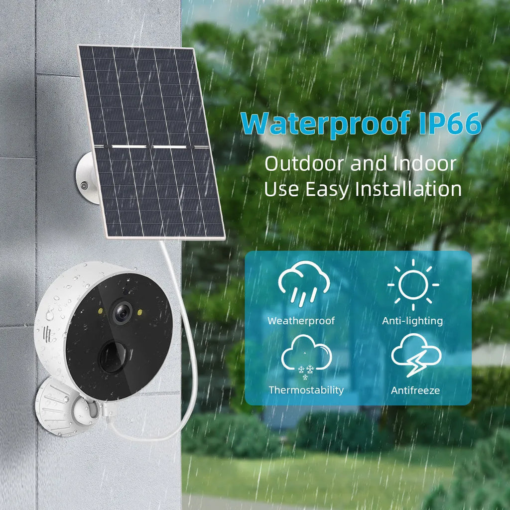Outdoor solar-powered security camera with separate solar panel for battery charging.