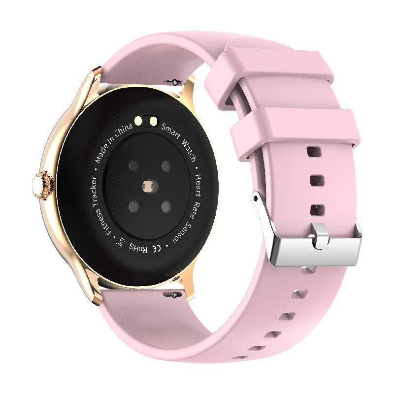 Black smartwatch with circular screen displaying heart rate and blood pressure data on a silicone wristband.
