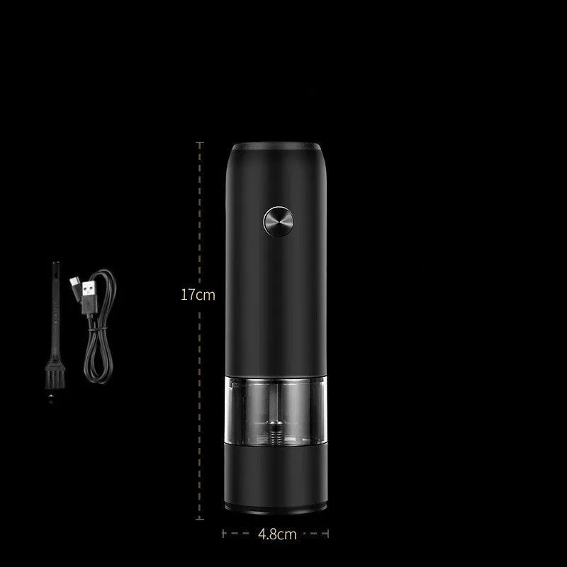 Rechargeable electric pepper and salt grinder set with clear acrylic body and LED light.