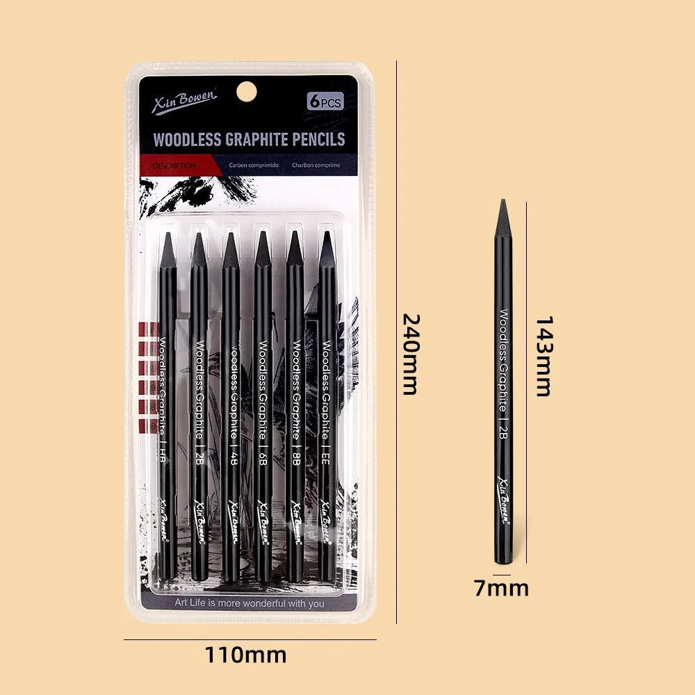 Six wood-free graphite sketching pencils showing different hardness grades HB 2B 4B 6B 8B EE