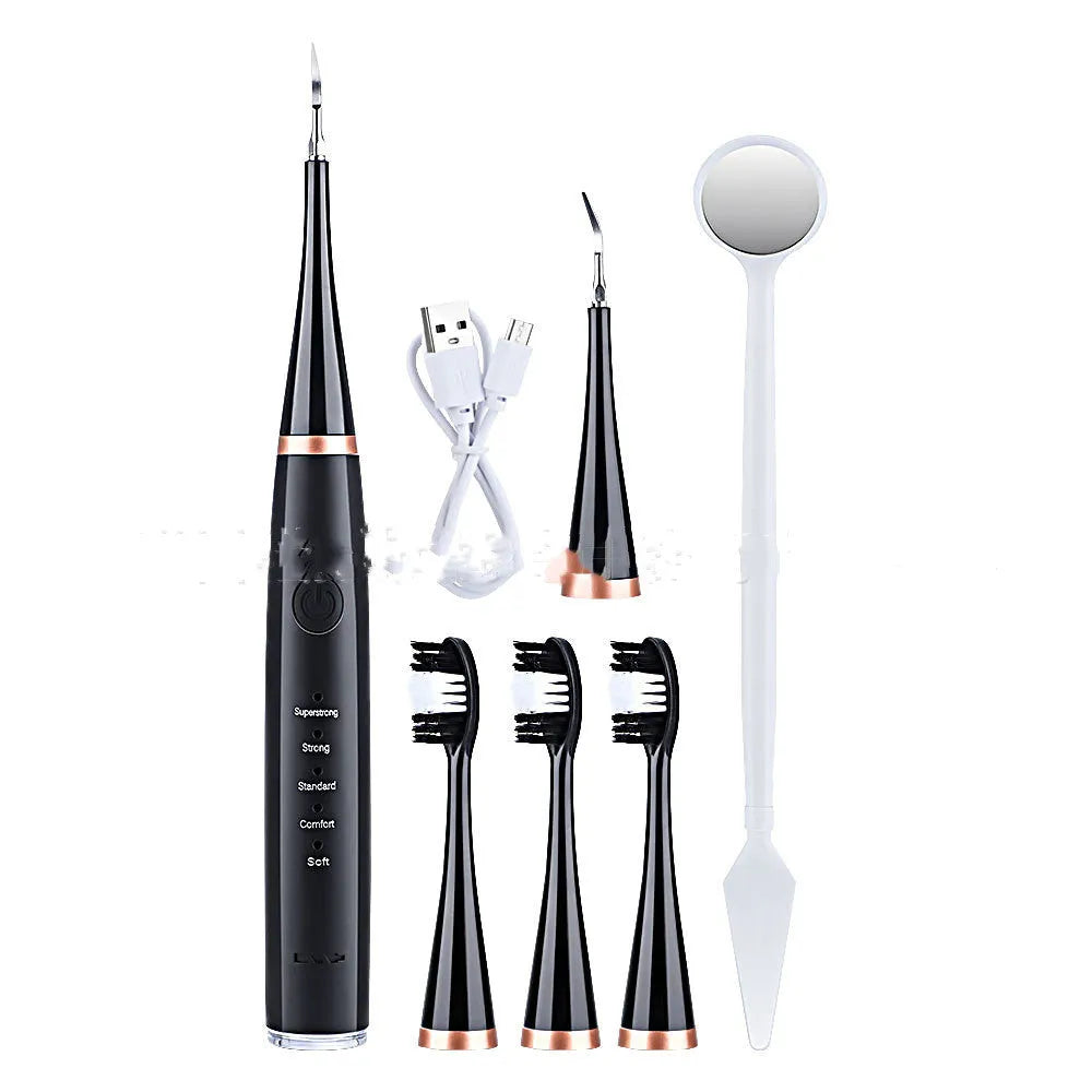 Electric toothbrush in white or black with 3 gears, USB charging, and optional 18mm or 20mm brush heads.