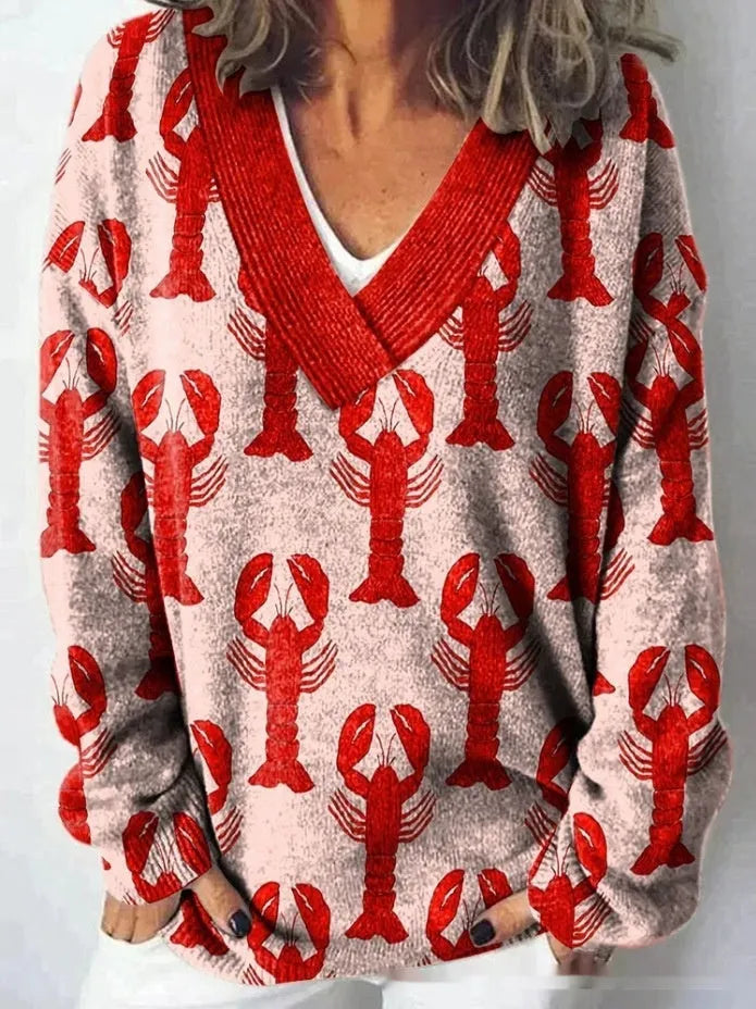 Women's V-neck sweatshirt with 3D floral pattern print and long sleeves in casual pullover style