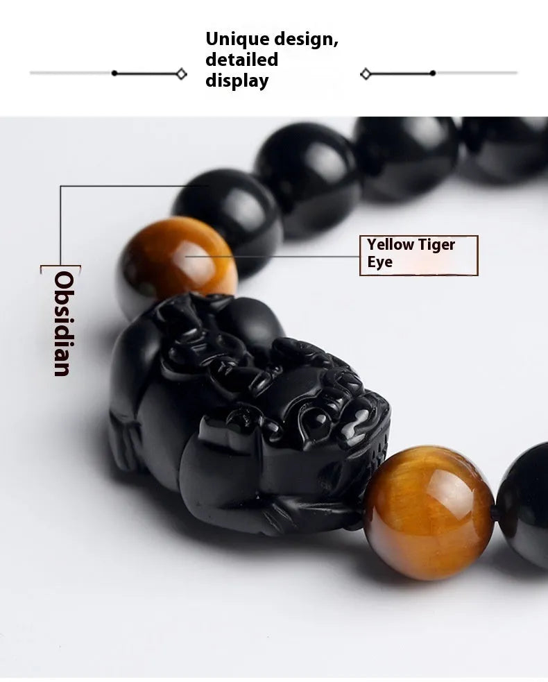 Black obsidian bracelet with gold sheen finish and Pixiu charm in four size options