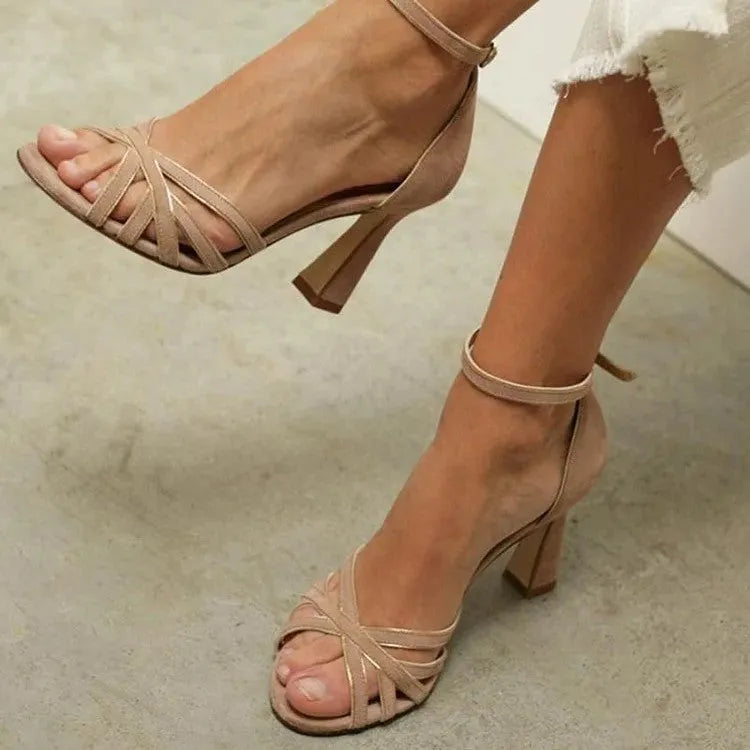 Apricot coloured women's suede peep toe high heel sandals with rubber sole