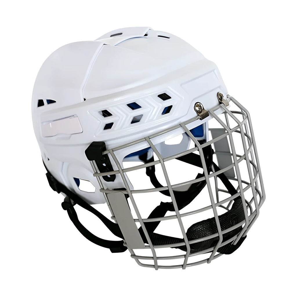 Adult ice hockey helmet with protective wire face mask showing impact-resistant shell construction