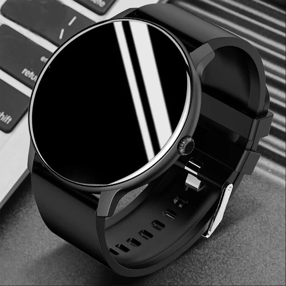 Black smartwatch with circular screen displaying heart rate and blood pressure data on a silicone wristband.
