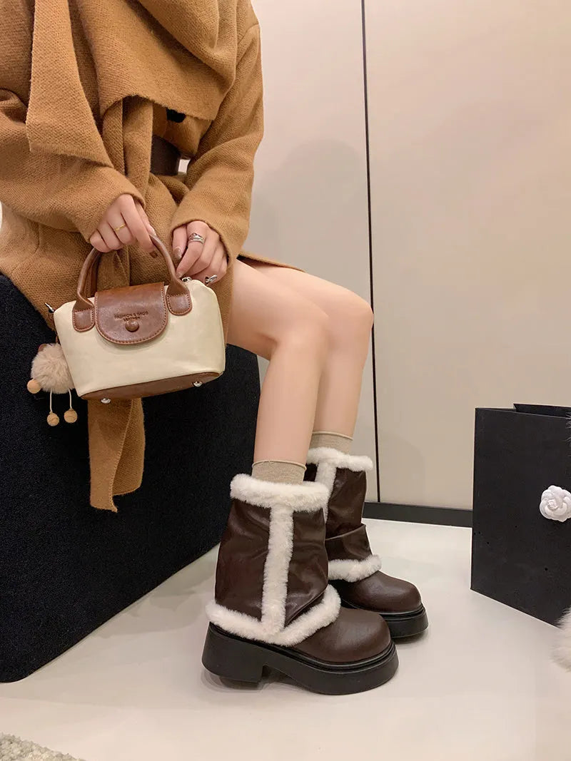 Women's winter faux fur lined short ankle booties with thick bottom and plush trim in black and brown