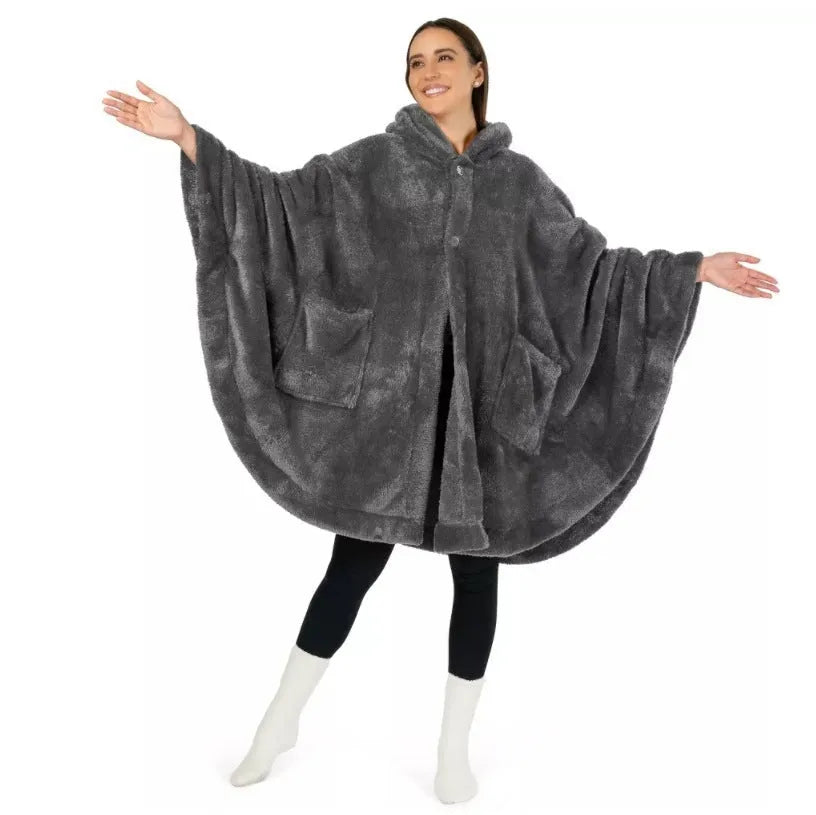 A thick hooded bathrobe in dark grey, shown hanging, with long sleeves and a cardigan front.