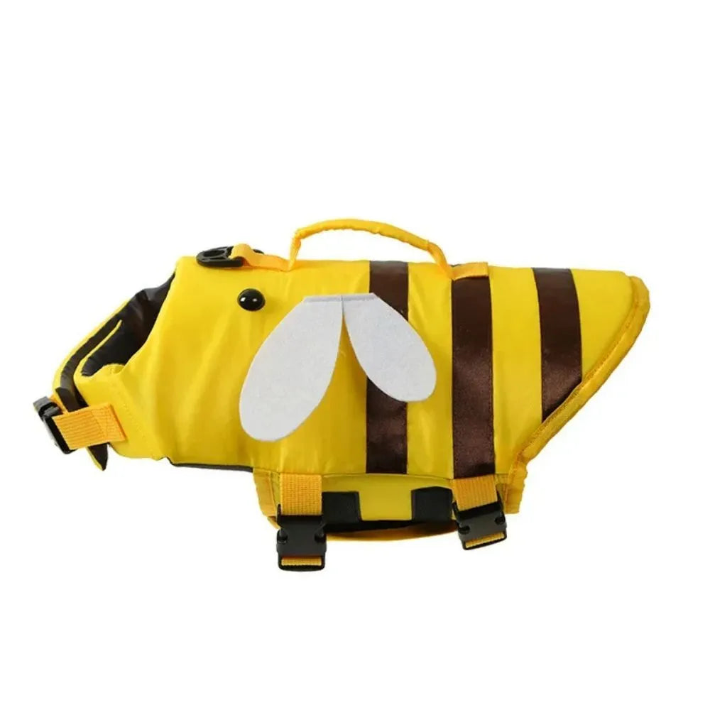 Bright green dog life vest with reflective strips and adjustable nylon straps fastened around a dog's torso.