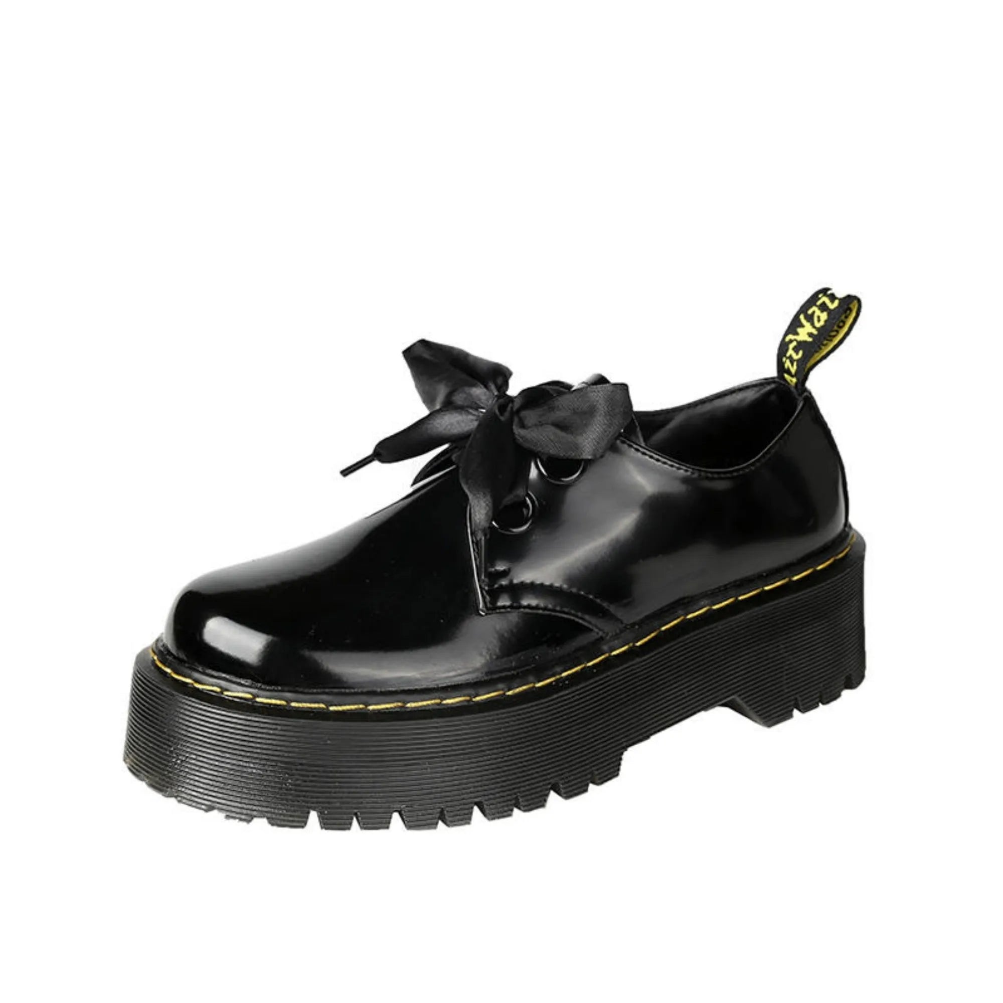 Black thick soled women's lace-up shoes with ribbon and cross strap details on superfine fibre upper