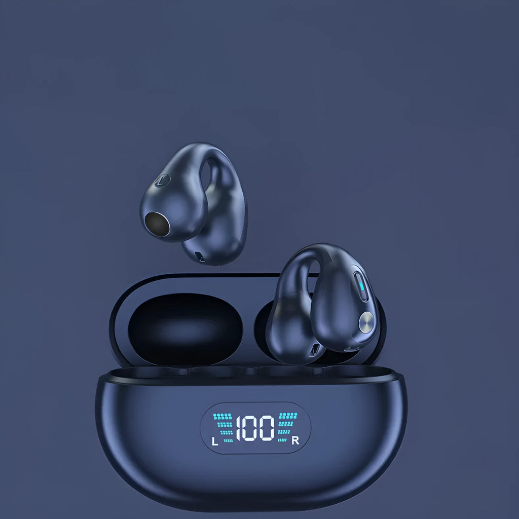 Wireless in-ear Bluetooth 5.3 headset with ear clip design in black, white, and khaki on charging case