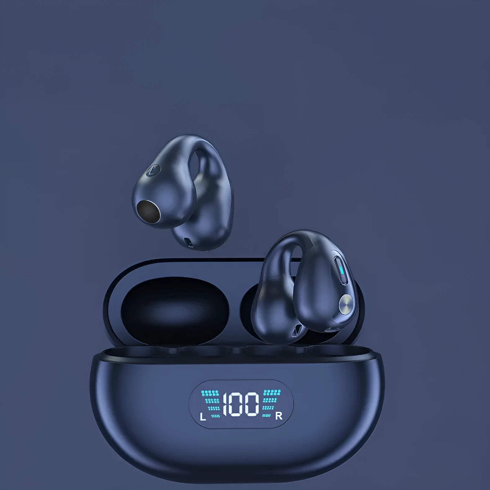 Wireless in-ear Bluetooth 5.3 headset with ear clip design in black, white, and khaki on charging case