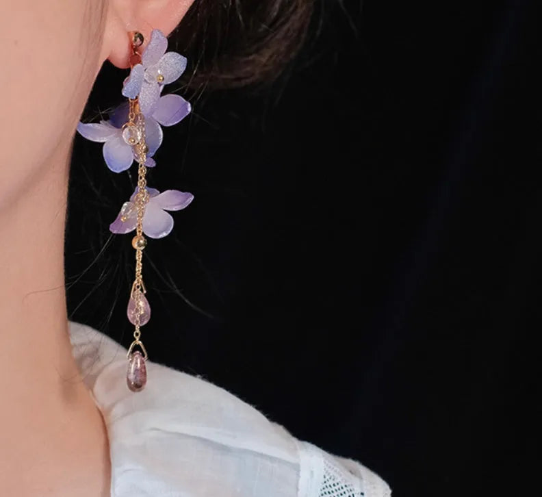 Handmade cold blue purple flower long tassel water drop earrings with gold-plated inlaid artificial gem