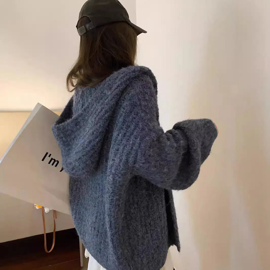 Women's retro-style thick hooded cardigan in dark grey, shown open as a sweater.