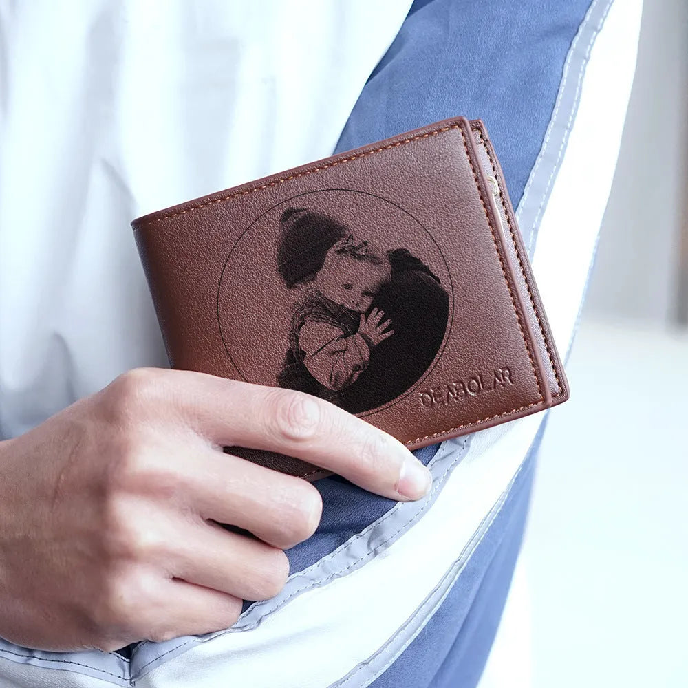 Men's leather wallet showing seven card slots and zipper closure mechanism