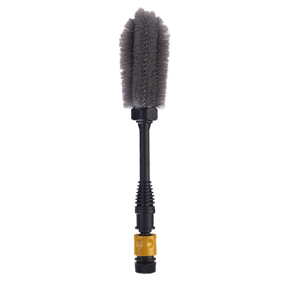 Quick plug high-pressure car wash wheel hub brush with steel wire bristles and flow-through design