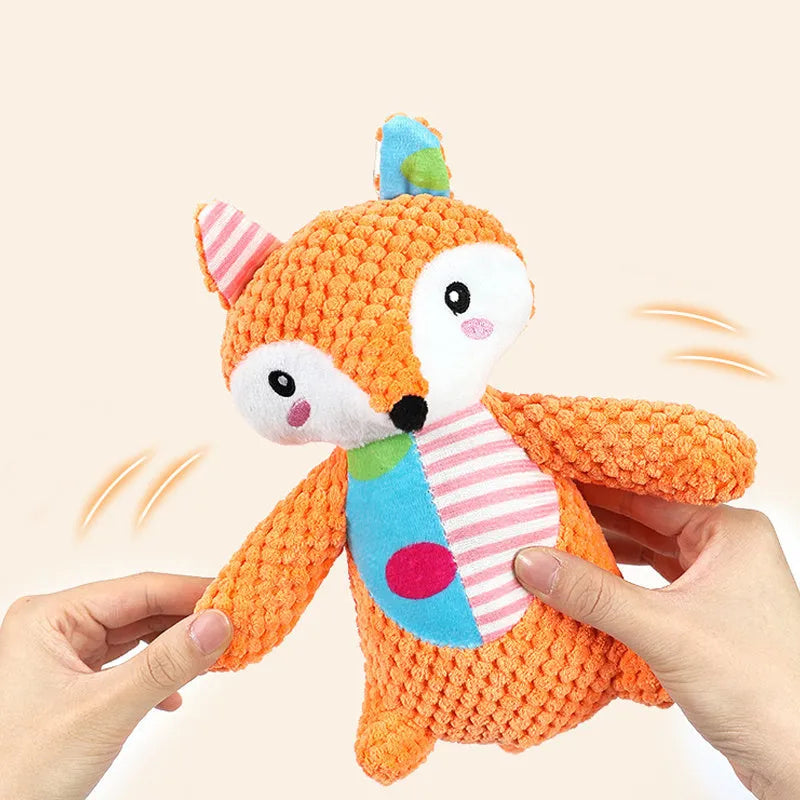 Interactive dog toy with squeaky and crinkly sounds, plush construction, available in Elephant Fox Rabbit styles