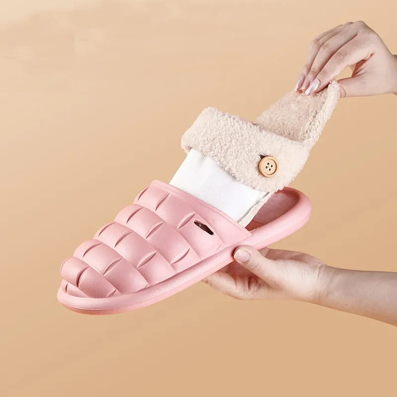 Plaid-patterned detachable women's house slippers with a plush lining and a light-coloured EVA sole.
