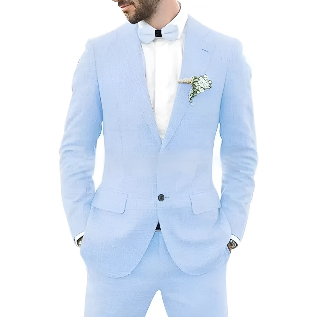 Men's slim fit wedding suit with hemp blend linen fabric in light business styling