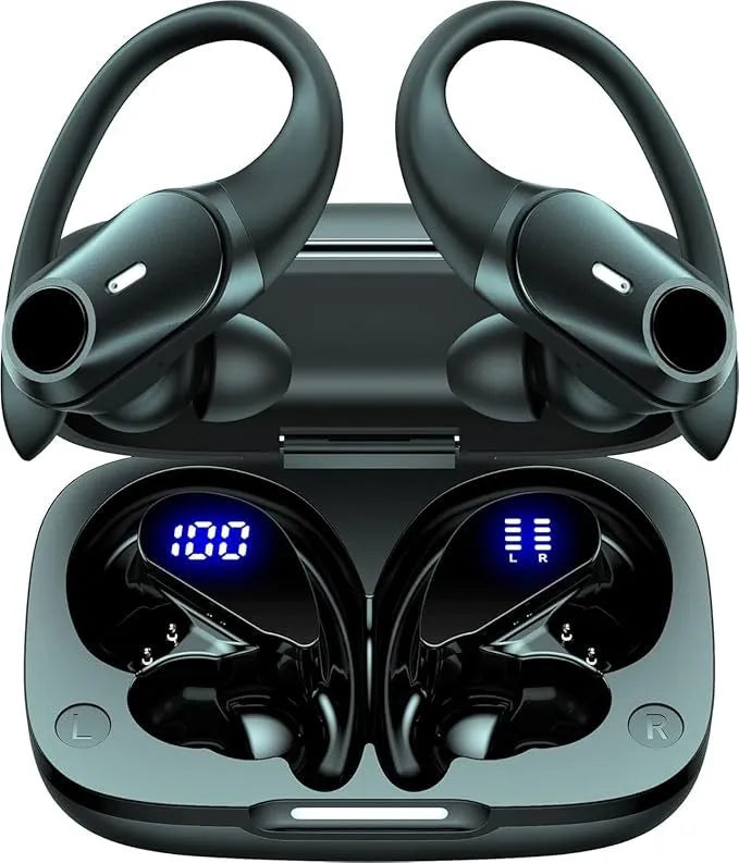 Black wireless Bluetooth headphones with ear hook silicone design and digital display