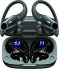Black wireless Bluetooth headphones with ear hook silicone design and digital display