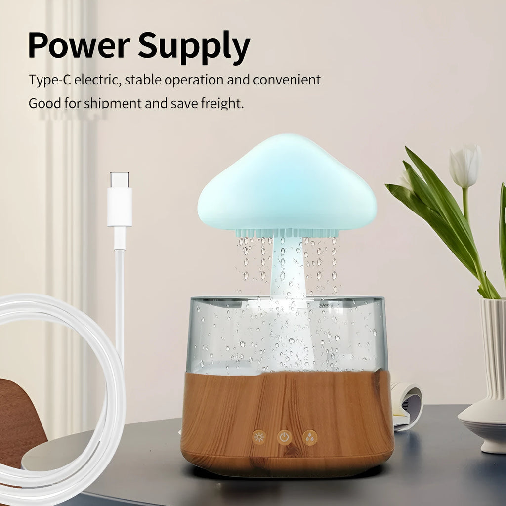 Ultrasonic atomizing humidifier with wood grain finish and seven colour light for household use up to 40 square metres