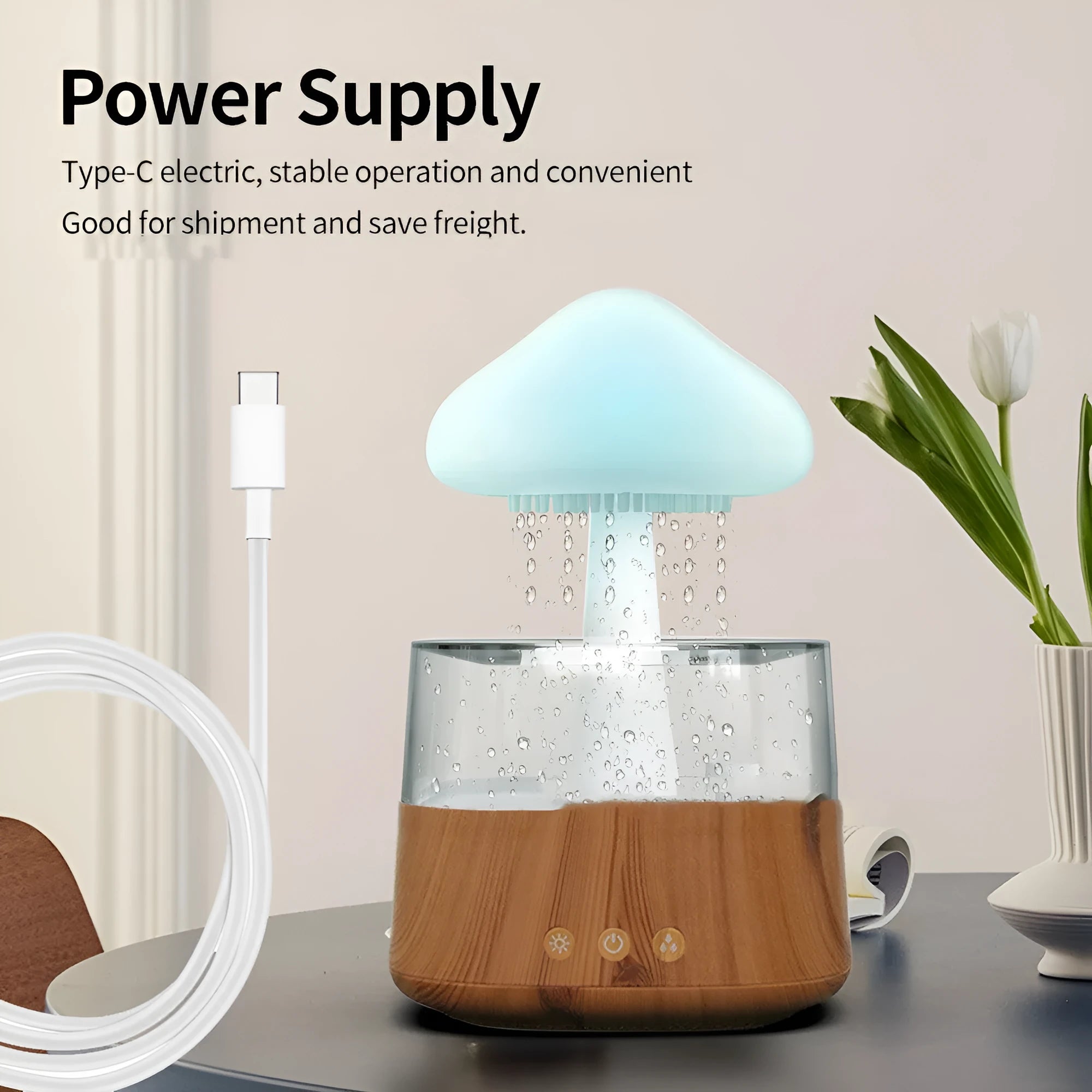 Ultrasonic atomizing humidifier with wood grain finish and seven colour light for household use up to 40 square metres