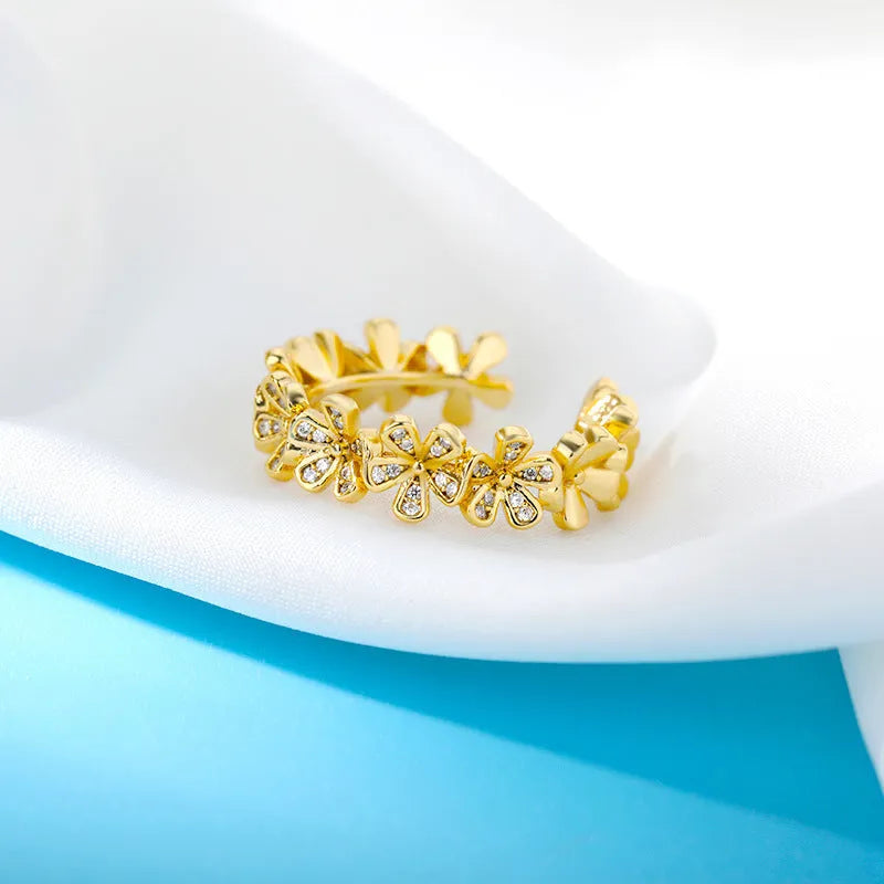 Women's open mouth adjustable ring with micro-inlaid zirconia floral petals in platinum copper finish