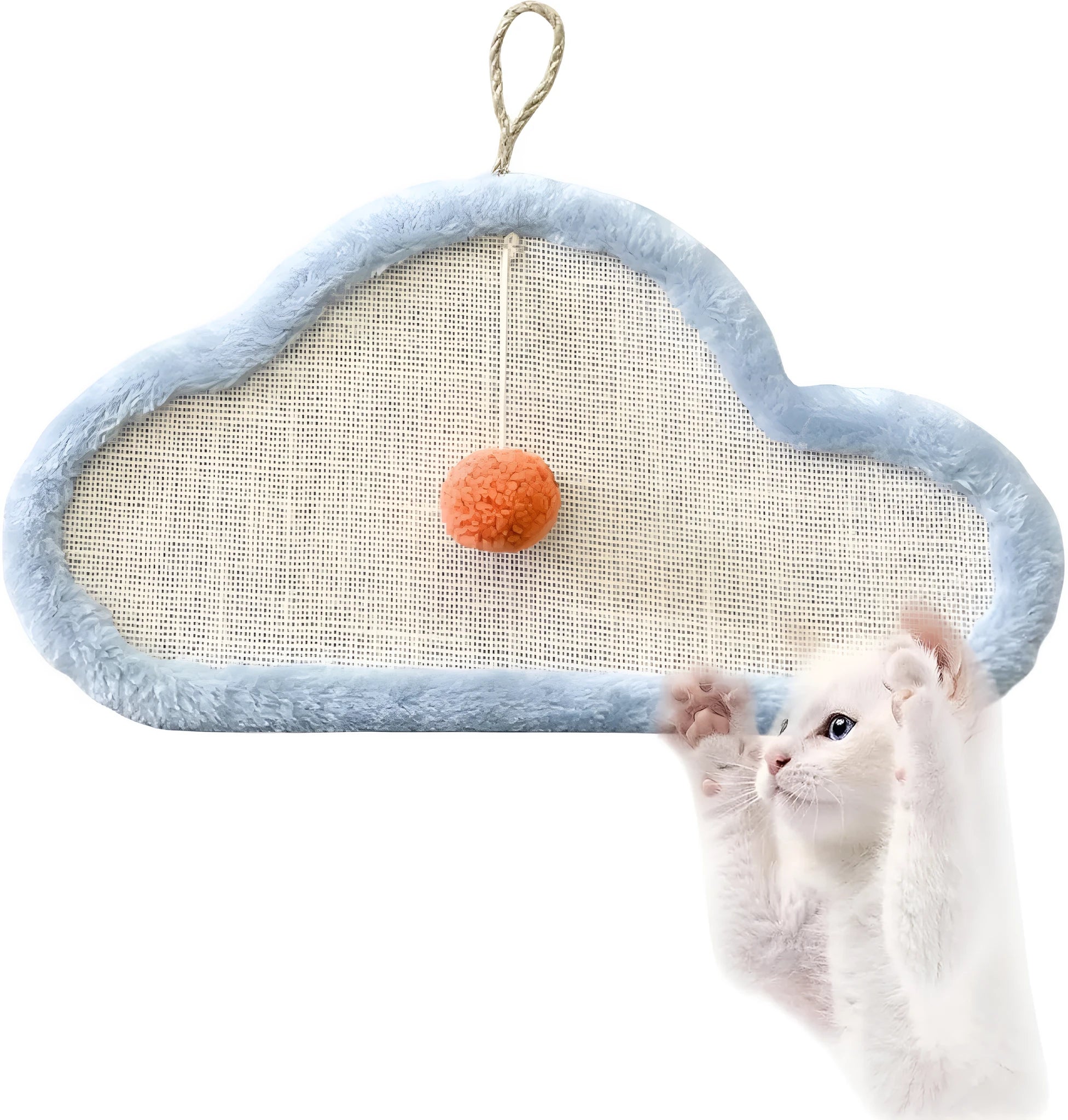 White sleeping cat pattern sisal scratching mat mounted on wall with curved design