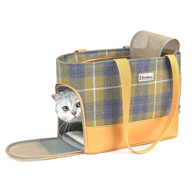 Portable pet carrier backpack with a clear bubble window, shown in a beige and brown colour option.