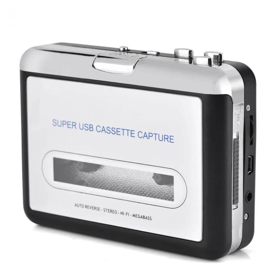 Silver USB cassette player converting tapes to MP3 files with included software and earphones